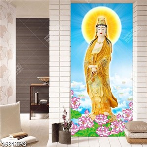 Tranh tượng Phật Bà Quan Âm và hoa Sen in kính