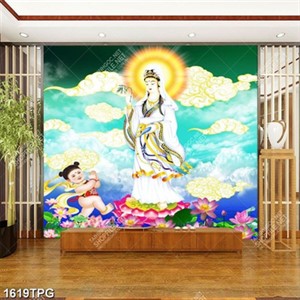 Tranh Phật Quan Âm và tiên đồng trên trời