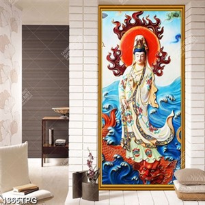 Tranh Quan Thế Âm Bồ Tát cưỡi cá chép in kính đẹp