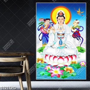 Tranh Quan Âm Bồ Tát tiên đồng in kính đẹp