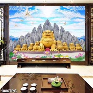 Tranh Kỳ Lân dưới chân tượng đá chất lượng cao