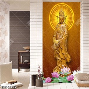 Tranh tượng Phật Quan Âm bằng gỗ và hoa Sen