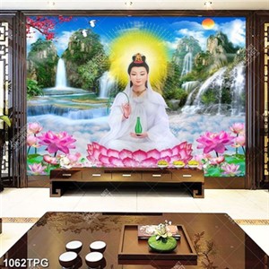 Tranh Phật Quan Âm trên nền tranh phong thủy chất lượng cao