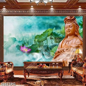 Tranh tượng Phật Quan Âm và nền hoa Sen