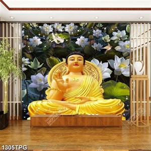 Tranh Phật Quan Âm và nền hoa Sen