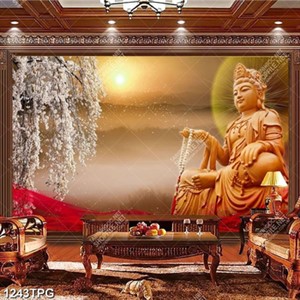 Tranh Bồ Tát trên đỉnh núi hoàng hôn