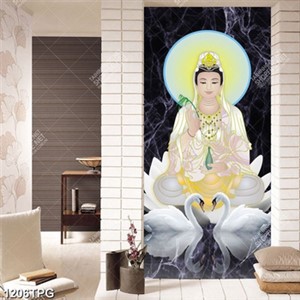Tranh Phật Quân Âm và thiên nga in gạch đẹp
