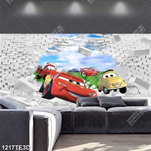 Tranh 3D đua xe dán tường phòng bé