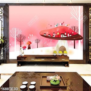 Tranh màu nước dán tường ngôi nhà nấm