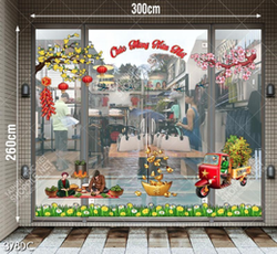 Tranh trang trí cửa kính gói bánh chưng và du xuân tết