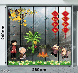 File tranh vector trang trí cửa kính ông bà và cháu nấu bánh chưng