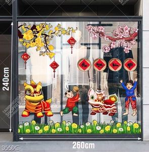 Vector em bé múa lân trang trí cửa kính ngày tết