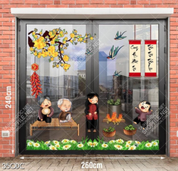 Decal trang trí cửa kính gia đình bé nấu bánh chưng