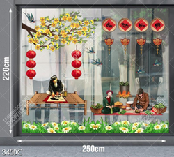 Tranh trang trí cửa kính thầy đồ và gói bánh chưng ngày tết