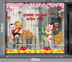 Tranh trang trí cửa kính em bé và tiền vàng