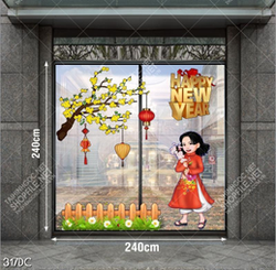 Tranh vector decal cành mai vàng và cô gái mặc áo dài đỏ