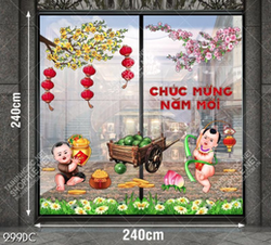 Decal trang trí cửa kính em bé và tiền vàng