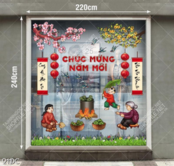 Decal trang trí cửa kính em bé, mẹ và bà nấu bánh chưng