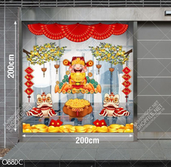 Tranh trang trí cửa kính cặp lân đỏ và ông thần tài may mắn file cdr