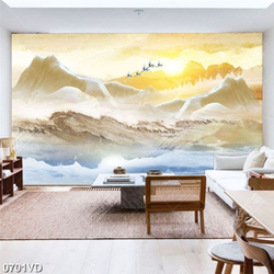 Tranh vân đá hoàng hôn và chim Hạc