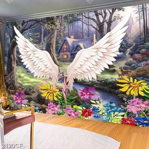 Tranh sơn dầu decor tường đôi cánh thiên thần trong khu rừng