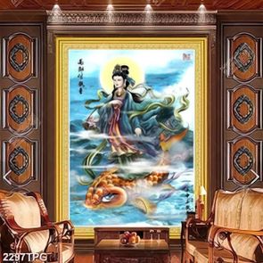 Tranh Bồ Tát cưỡi cá chép trên biển