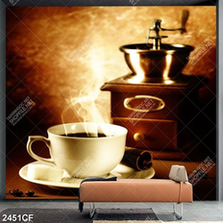 Tranh tách coffee nóng hổi bên máy xay thủ công Tranh tách coffee nóng hổi bên máy xay thủ công