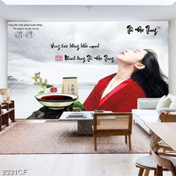 Tranh cô gái Trung Quốc thưởng thức trà