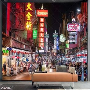 Tranh phố đêm Hồng Kông đông đúc
