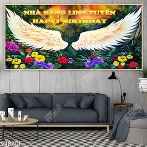 Tranh sơn dầu đôi cánh trắng trong vườn hoa