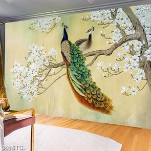 Tranh chim công trên cành hoa mộc lan