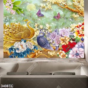 Tranh đôi chim công và hoa mộc lan nền gỉa ngọc