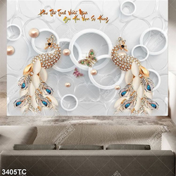 Tranh 3D lụa đôi chim công đá quý