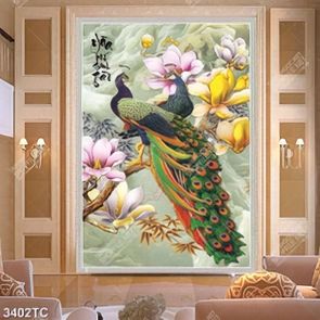 Tranh thư pháp Hòa Khí Sinh Tài và đôi chim công