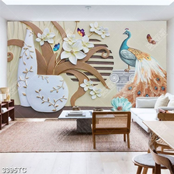 Tranh điêu khắc bình hoa và chim công