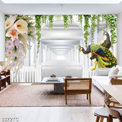 Tranh cửa sổ hoa vân môn và chim công in dán tường đẹp