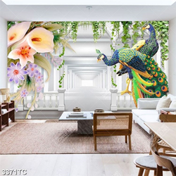 Tranh hoa vân môn và chim công in dán tường đẹp