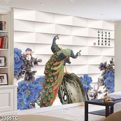 Tranh hoa mẫu đơn xanh và chim công