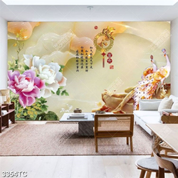 Tranh hoa mẫu đơn và chim công giả ngọc đẹp