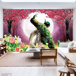 Tranh đôi chim công dưới ánh trăng mùa xuân in kính