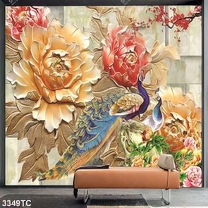 Tranh phù điêu hoa mẫu đơn và chim công