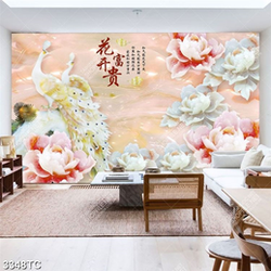 Tranh 3D giả ngọc công và hoa mẫu đơn