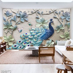 Tranh luụa 3D hoa và chim công