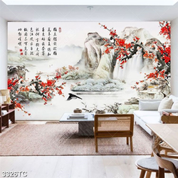 Tranh thư pháp hoa đào và cảnh núi sông