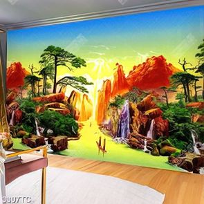 Tranh sơn dầu thác nước và thuyền trên sông