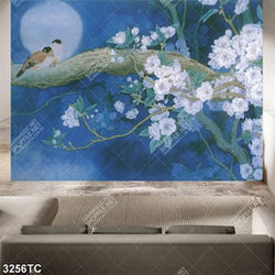 Tranh hoa mai và chim đậu trên cây