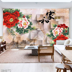 Tranh hoa mẫu đơn nền đá 3D