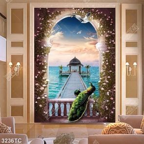 Tranh cửa sổ chim công nhìn ra biển