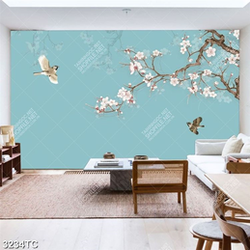 Tranh chim hoa đào nền xanh dán tường đẹp