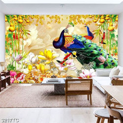 Tranh tài lộc đôi chim công và hoa mẫu đơn